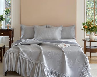 Gray PE Cooling Mat & Bed Skirt Set – Summer Bedding,Beach House Decor,Luxury Bedspread,Cottagecore Bedding