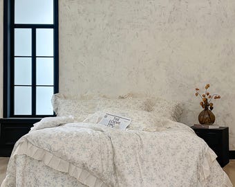 Blue Floral Cotton French Lace Sheet Set, 4pc