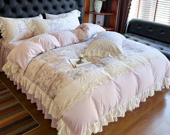 Pink French Lace Cotton Bed Skirt Set, 4 Piece