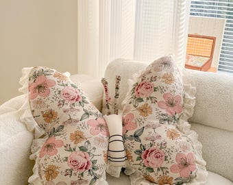 Lace Trim Cotton Linen Butterfly Embroidered Throw Pillow