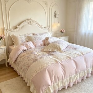 May include: A bedding set featuring a light pink duvet cover with a floral pattern in shades of purple and green, accented by wide cream-colored lace trim and ruffled edges. The set includes matching pillowcases with similar lace and ruffle details.
