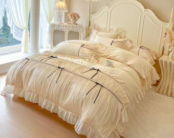 White French Ruffle Cotton Bedding Set, Romantic Princess 4pc