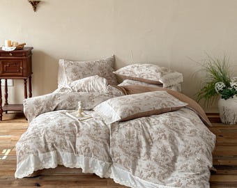 Französisches Retro Double-Layer Lace Baumwoll-Leinen Bettwäsche Set