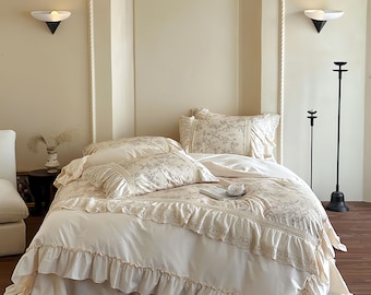 French-Style Openwork Design Lace Trim Luxury Bedding & Bed Skirt Set – Elegant Bedroom Ensemble