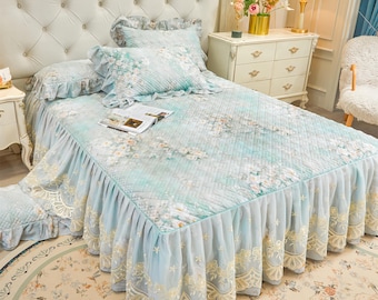 Floral Lyocell Cotton Quilted Bed Skirt Set, Pastoral Style