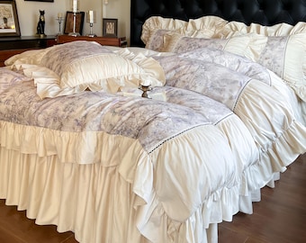 White French Lace Cotton Bed Skirt Set, 4 Piece