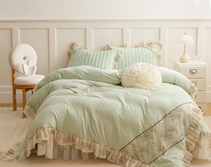 Featured listing image: 2026 New Collection: French Country-Style Lace & Milk Velvet Bed Skirt Set, Elegant Bedding Set