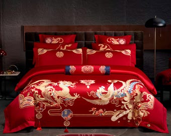 Elegant Red Cotton Bedding Set – Romantic Chinese Wedding Bedroom Collection