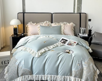 French Country Grey Floral Cotton Ruffle Bed Sheet/Fitted Sheet Set (4 Piece),Housewarming Gift,Hostess Gift Multiple color options