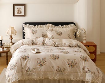 French Print Lace Cotton Linen Bedsheet, 2026 New Collection, Elegant Bedding Set