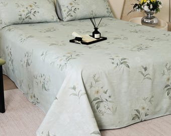 Green Printed Cotton Bed Sheet Set, 3-Piece Summer Coarse Weave Bedding, Soft Breathable Lightweight Sheets