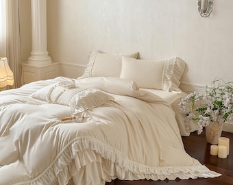 French Lace & Skin-Friendly Cotton Luxury Bedroom Bedding Set – Cream White Bed Skirt Ensemble