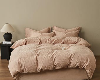 Cotton Jacquard Solid-Color Reversible 4-Piece Organic Queen Linen Sheet Set–Simple & Stylish, Winter - Xmas Bedding, Handmade Bedding Gift