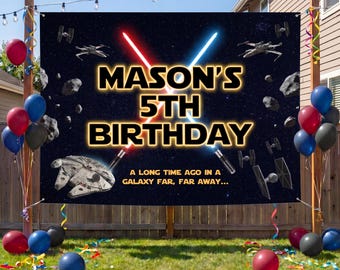 Personalized Galaxy Birthday Backdrop, Space Theme Party Banner, Laser Sword Decor, Outer Space Boys Birthday Sign, Custom Photo Background