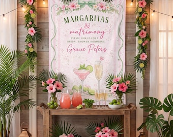 Tropical Bridal Shower Backdrop, Margaritas & Matrimony Sign, Custom Fiesta Bachelorette Banner, Pink Floral Luau Tapestry