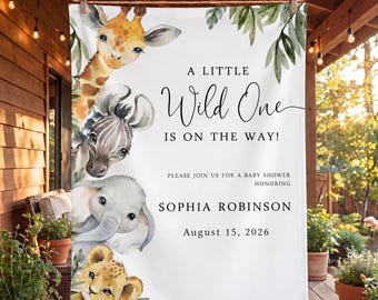 Wild One Baby Shower Backdrop, Boho Jungle Animal Tapestry, Personalized Safari Party Decor, Watercolor Greenery Custom Banner