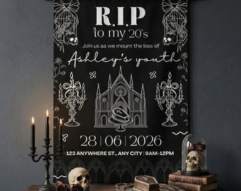 RIP to My 20s Party Backdrop, 30th Birthday Funeral Theme Decor, Personalized Gothic Birthday Banner