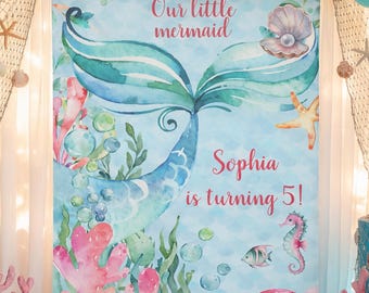 Personalized Mermaid Birthday Backdrop, Under the Sea Party Banner, Pastel Ocean Girl Birthday Decor, Custom Photo Booth Sign