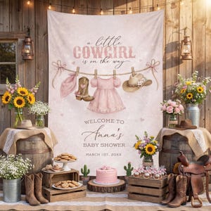 Cowgirl Baby Shower Backdrop, Personalized Little Cowgirl Is On The Way Banner, Western Girl Baby Shower Decor, Rustic Party Tapestry image 4