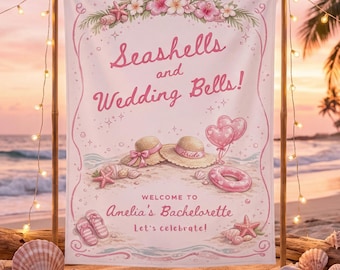 Custom Beach Bachelorette Backdrop, Seashells and Wedding Bells Banner, Tropical Pink Bridal Shower Sign, Coastal Party Decor Tapestry