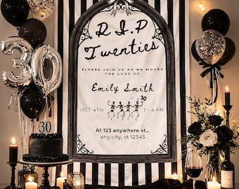RIP to My Twenties 30th Birthday Backdrop, Funeral Theme Party Decor, Personalized Gothic Banner