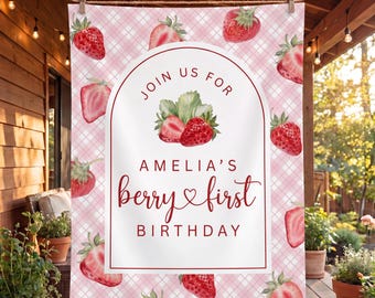 Berry First Birthday Backdrop, Strawberry 1st Birthday Banner, Personalized Sweet One Party Decor, Pink Gingham Photo Tapestry