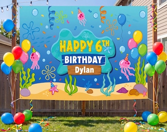 Personalized Ocean Cartoon Birthday Backdrop, Under the Sea Party Banner, Jellyfish Starfish Party Tapestry, Kids Birthday Decoration
