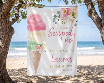 Ice Cream Bridal Shower Backdrop, She's Been Scooped Up Welcome Sign, Personalized Summer Floral Banner, Sweet Treats Party Tapestry