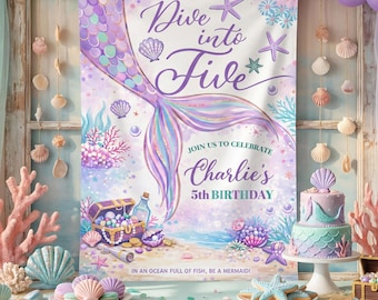 Personalized Mermaid Birthday Tapestry Backdrop, Dive into Five Party Banner, Under the Sea Ocean Party Decor