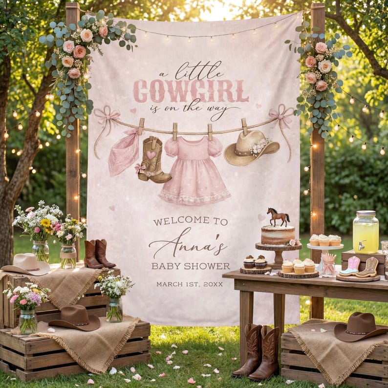 May include: A baby shower scene with a pink cowgirl theme. A backdrop reads "a little cowgirl is on the way" with a clothesline of baby items. Tables display cowboy boots, hats, flowers, and a cake. The date is March 1st, 20XX.