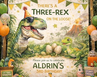 Three Rex Birthday Backdrop, Dinosaur 3rd Birthday Banner, Boys Jungle Party Decorations, Personalized T-Rex Photo Booth Tapestry