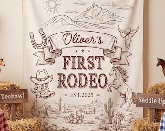 Personalized First Rodeo Birthday Tapestry Backdrop, Custom Name Western Cowboy Party Banner, Rustic Horse Desert Decor