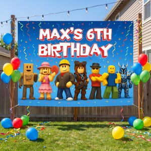 May include: A blue birthday banner with the text "MAX'S 6TH BIRTHDAY" and cartoon characters. The banner is decorated with confetti and streamers. Balloons in various colors are scattered around the banner, creating a festive atmosphere.