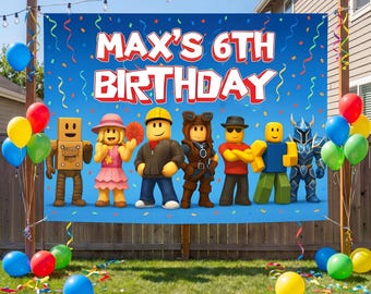 Personalized Gamer Birthday Backdrop, Custom Video Game Party Banner, Boys Gaming Birthday Sign, Block Characters Photo Booth Background
