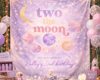 Two the Moon Birthday Tapestry, Space Party Backdrop Decoration, 2nd Birthday Photo Booth Banner, Kids Birthday Party Decor