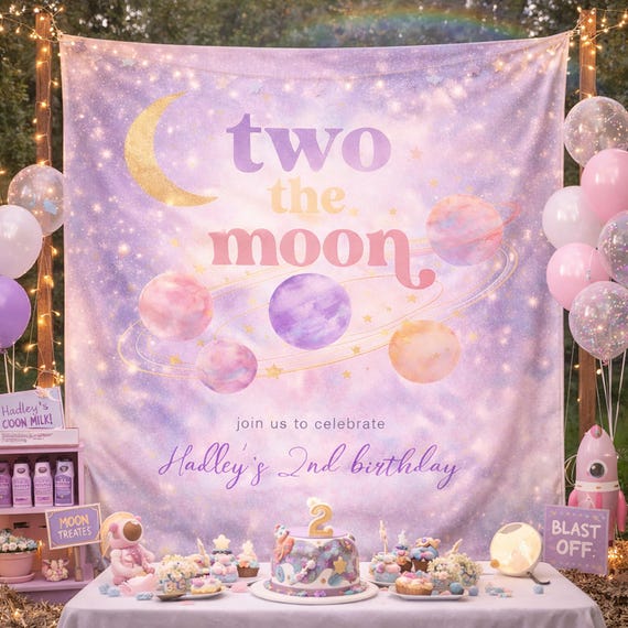 Two the Moon Birthday Tapestry, Space Party Backdrop Decoration, 2nd Birthday Photo Booth Banner, Kids Birthday Party Decor