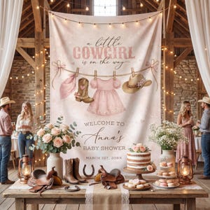 Cowgirl Baby Shower Backdrop, Personalized Little Cowgirl Is On The Way Banner, Western Girl Baby Shower Decor, Rustic Party Tapestry image 5