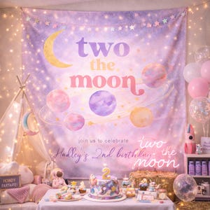 Two the Moon Birthday Tapestry, Space Party Backdrop Decoration, 2nd Birthday Photo Booth Banner, Kids Birthday Party Decor image 5