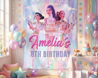 Personalized Kpop Demon Hunters Birthday Backdrop, Custom Huntrix Party Banner, Rumi Mira Zoey Tapestry, Anime Girl Group Birthday Decor