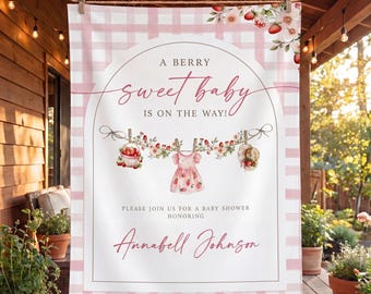 Strawberry Baby Shower Backdrop, Berry Sweet Baby Girl Banner, Custom Pink Gingham Tapestry, Summer Floral Party Sign