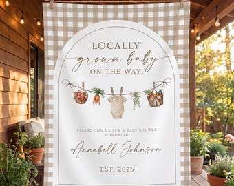 Locally Grown Baby Shower Backdrop, Farmer's Market Welcome Banner, Neutral Rustic Gingham Tapestry, Personalized Veggie Theme Sign