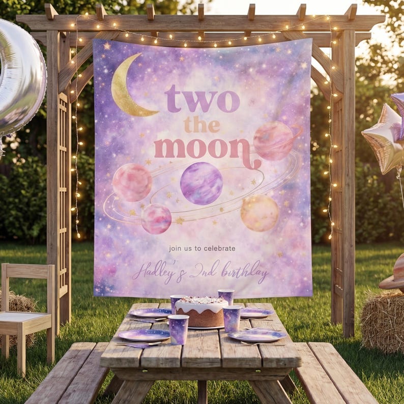May include: A birthday party scene with a wooden picnic table set for a celebration. A banner with the text "two the moon" and planet illustrations hangs in the background. The table is set with plates, cups, and a cake, all with a space theme.