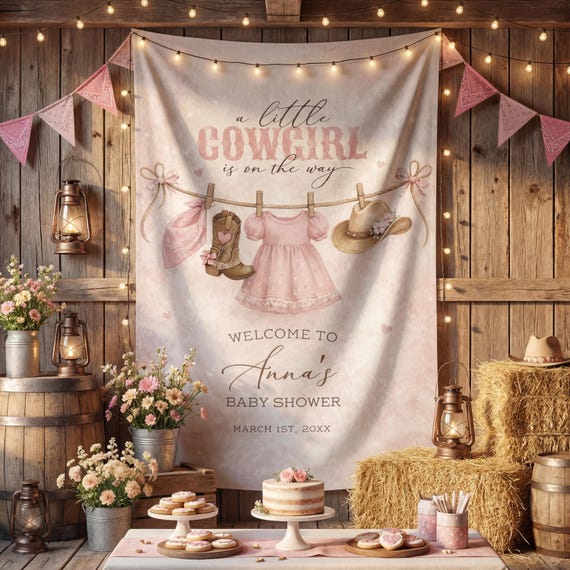 Cowgirl Baby Shower Backdrop, Personalized Little Cowgirl Is On The Way Banner, Western Girl Baby Shower Decor, Rustic Party Tapestry