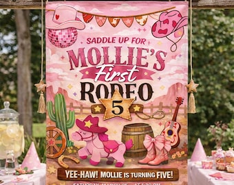 Personalized First Rodeo Birthday Photo Backdrop Tapestry, Pink Cowgirl Party Banner, Custom Name & Age Sign, Western Disco Rodeo Decor