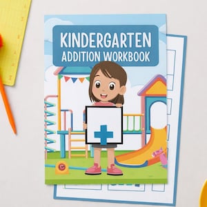 May include: A children's addition workbook with a cartoon girl holding a plus sign. The workbook has a playground scene and the text "KINDERGARTEN ADDITION WORKBOOK" in a blue banner. An orange pen and yellow notepad are in the background. The workbook is in cm.