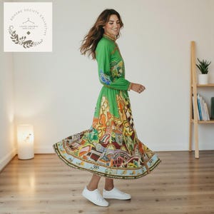 Linen Cotton Long Sleeve Maxi Dress, Tropical Print Resort Dress, Boho Statement Outfit