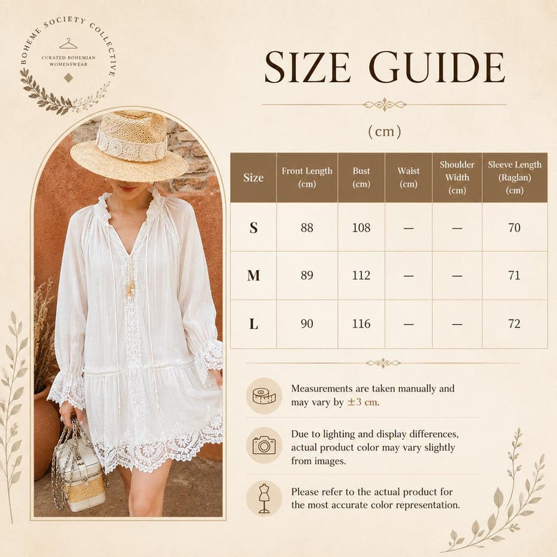 May include: A size guide chart for a white long-sleeve tunic dress with lace trim. The chart lists measurements in cm for sizes S, M, and L, including front length, bust, and raglan sleeve length. The text includes Boheme Society Collective.