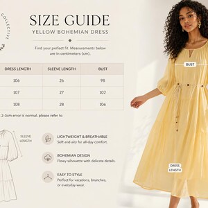 May include: A yellow bohemian dress with a size guide. The dress has a flowing silhouette and is lightweight. Measurements are in centimeters: dress length 106-108 cm, sleeve length 26-28 cm, bust 98-106 cm.