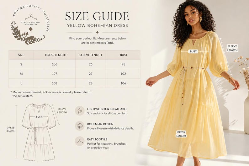 May include: A yellow bohemian dress with a size guide. The dress has a flowing silhouette and is lightweight. Measurements are in centimeters: dress length 106-108 cm, sleeve length 26-28 cm, bust 98-106 cm.