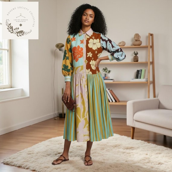 Linen Cotton Patchwork Maxi Dress, Boho Statement Dress - Etsy Israel